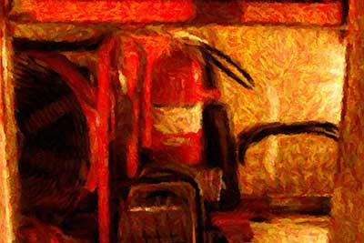Still life in back of WRCVFD fire truck by the light of a night fire (2007): painting from Mead photo detail Still life in back of WRCVFD fire truck by the light of a night fire (2007): painting from Mead photo detail